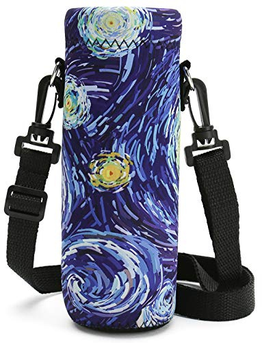 RICHEN Neoprene Water Bottle Carrier Bag with Adjustable Shoulder Strap,Insulated Water Bottle Cover for Stainless Steel/Glass/Plastic Bottles, Starry Night, 750ml, Modern