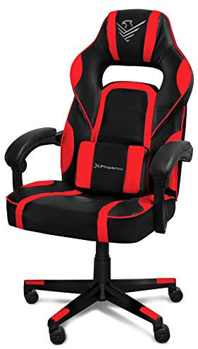 Phoenix Technologies - Silla Gaming de Escritorio y Oficina | Altura Ajustable | Reclinable 15° | Reposabrazos Acolchados | Cojín Lumbar Extraíble | Ruedas de Nailon, Poliuretano, Rojo