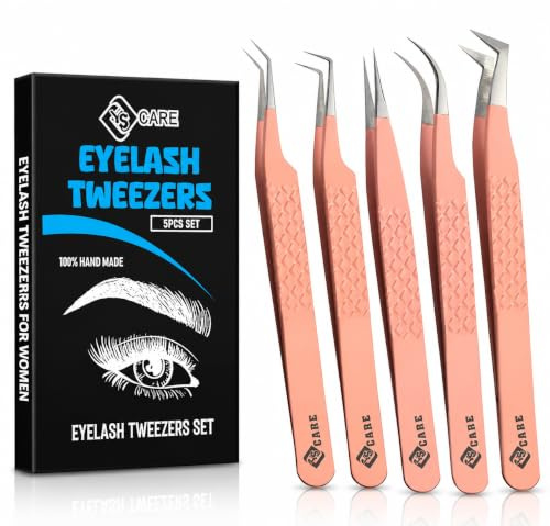 YSCARE Wimpernpinzetten-Set für Wimpernverlängerungen, 5er-Set, japanischer Edelstahl, gerade gebogene 45-90-Grad-Volumen-Wimpernpinzette (Rosa)