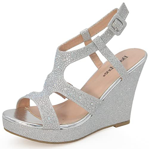 Bella Marie Santo Damen Sandalen mit Keilabsatz, Strasssteinen, 10,8 cm, Silberner Slingback, 42 EU
