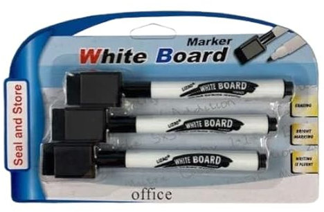 Seal and Store Black Magnetic Dry Wipe Markers Whiteboard Pens with Eraser - 3 Pack