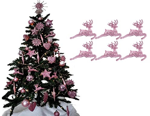 Pack of 6 - Hanging Glitter Reindeer Christmas Tree Decorations - 2.2cm x 9.5cm (Blush (Pink))
