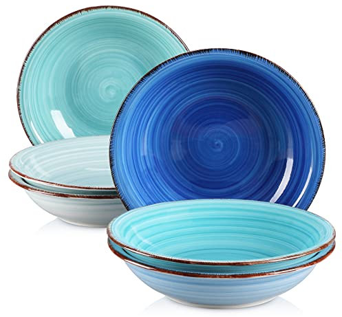vancasso Bonita Soup Bowl Set of 6, 27 oz Ceramic Pasta Bowl Set, Noodle Bowl, Microwave & Dishwasher Safe Soup Plates, Serving Bowls, Blue