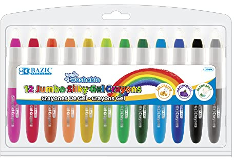 BAZIC Products Jumbo Silky Gel Crayons 12 Color, Washable Blendable Non Toxic Watercolor Crayon for Coloring Book (12/Pack), 1-Pack