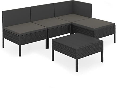 vidaXL Gartenmöbel 5-TLG. mit Auflagen Tisch Fußhocker Mittelsofa Ecksofa Sitzgruppe Lounge Sofa Garten Garnitur Gartensofa Gartenset Poly Rattan Schwarz