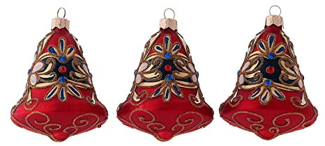 Holyart 3-er Set, Weihnachtsbaumkugeln aus mundgeblasenem Glas, Glockenform, Grundfarbe Rot, mit blauen Verzierungen