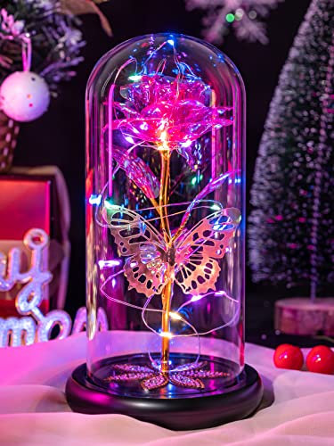 Gifts for Women Mom Birthday Gift, Galaxy Glass Rose Flower Gifts Forever Eternal Crystal Light Up Rose in Glass Dome with Butterfly Anniversary Mothers Day for Her Wife Sister, Pink