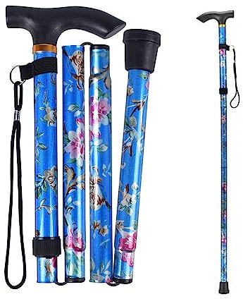 ZHjuju Gehstock, Verstellbarer Faltbarer Gehstock Blau Floraler Aluminiumstock Leichter Bequemer Griff und Langlebige Gehhilfe Einfach Höhenverstellbarer Haltbarer Ausziehbarer Gehstock