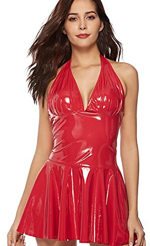 Damen Lederkleid Sexy Kleid Lack Leder Langarm Bleistiftkleid Club Party Bodycon Minikleid Wetlook Dessous Sets mit G-String Enge Slim Fit Kostüm Einteiler Partykleider Turnanzug Leotards
