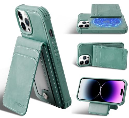 MONASAY Magwallet Case Fit for iPhone 15 Pro Max,[Support MagSafe Wireless Charging][Glass Screen Protector] Flip Magnetic Leather Wallet Phone Cover with Detachable Card Holder, Light green
