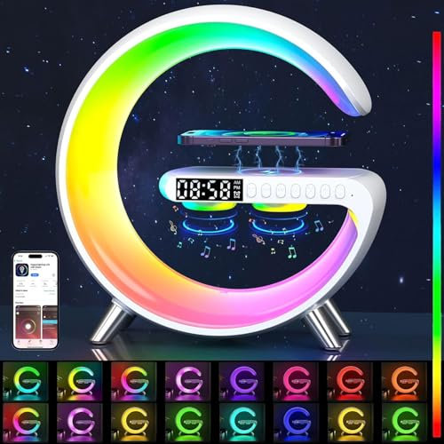 YeahBoom Nachttischlampe mit Ladefunktion,Atmosphärenlampe,Intelligent LED Tischlampe,Nachttischlampe Touch Dimmbar,Nachttischlampe mit Kabellosem Ladegerät,Bluetooth Lautsprecher,Uhr,Radio