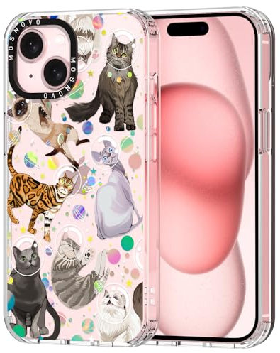 MOSNOVO Case for iPhone 15, [Buffertech 6.6ft Military-Grade Drop Protection] [Anti Peel Off Tech] Clear TPU Bumper Phone Case Cover Design - Space Cat