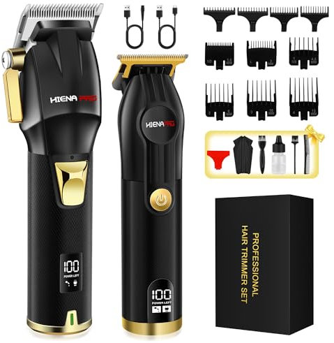 HIENA PRO Haarschneidemaschine für Herren schnurlos T-Liner Haarschneider-Set professionelles wiederaufladbares Friseur-Haarschneide-Set mit LED-Display Geschenke für Männer Schwarz / Goldfarben