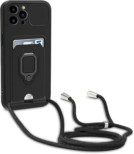 Esakycn Crossbody Case for iPhone 15 Pro 6.1 with Camera Cover, Phone Case Silicone with Roating Ring Stand, Card Holder with Adjustable Strap Lanyard Shockproof Protective Cover. Black