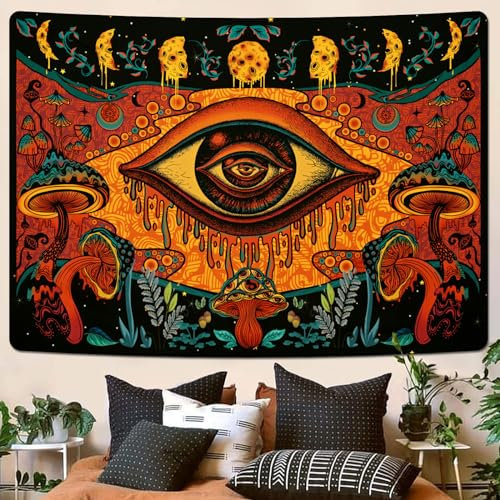 Uspring Hippie-Pilz-Wandteppich, abstrakte Augen, ästhetische Blätter, Pflanze, Vintage-Mondphase, Wandbehang für Zimmer (150,1 x 210,1 cm)