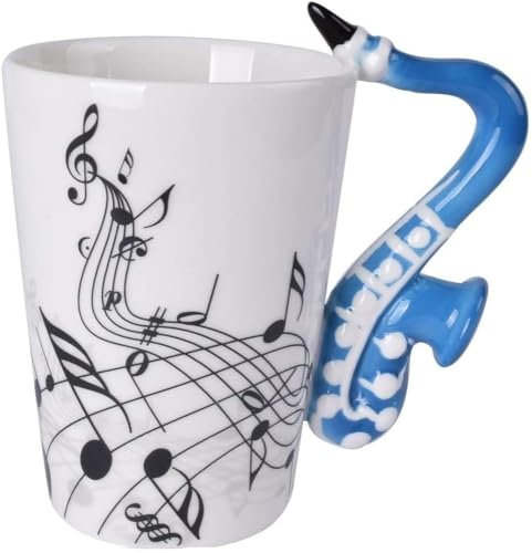 SuperglockT 400ml große Musik Tasse Keramiktasse mit Saxophon Griff Kaffeebecher Musiknoten Bedruckt Porzellan Teetasse Geschenktasse für Weihnachten Geburtstag Muttertag Neujahr (Blau)