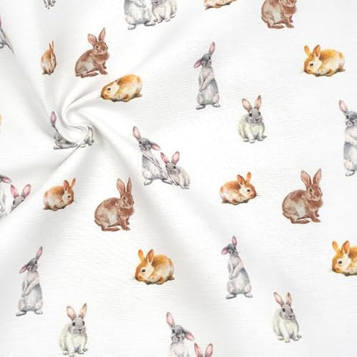 STOFFKONTOR Dekostoff Stoff Bedruckt Hasen - Meterware, Farbe Weiss - zum Nähen von Tischwäsche, Kissen, Vorhängen, Dekoartikeln UVM.