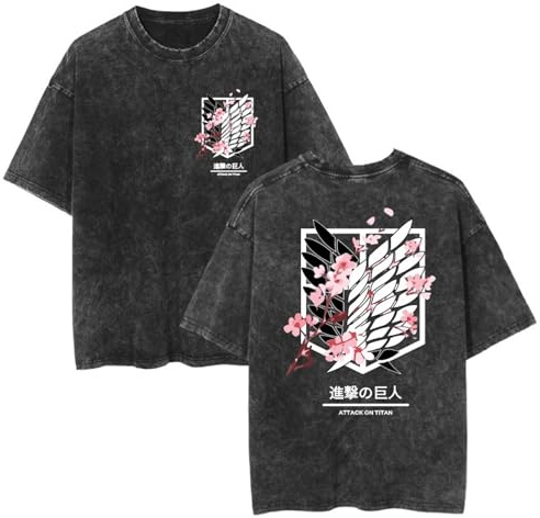 zhedu T-Shirts D'anime Neufs Lavés Graphique AOT Manches Courtes Surdimensionnées T-Shirts Tendance Respirants À Épaules Tombantes avec Impression Recto Verso