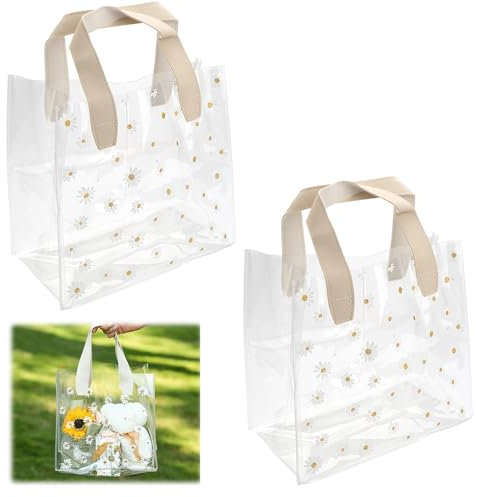 2 PCS Transparente PVC Taschen mit Griffen, 24x13x22cm Wiederverwendbare Geschenktüten Durchsichtig, Klare Tüte mit Griffen, PVC Geschenktaschen mit Gänseblümchen-Muster für Partygeschenke,Hochzeiten