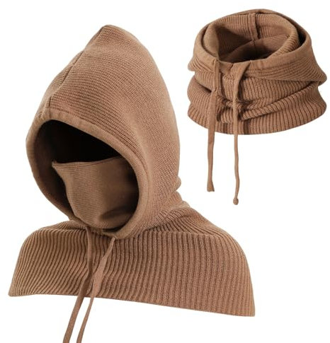 TAGVO Winter Strickmütze und Schal, 3-in-1 Kapuzenschal, Einteilige Sturmhaube, Verstellbarer Winddichter Gesichts- und Nackenwärmer, Schals für Herren und Damen im Freien