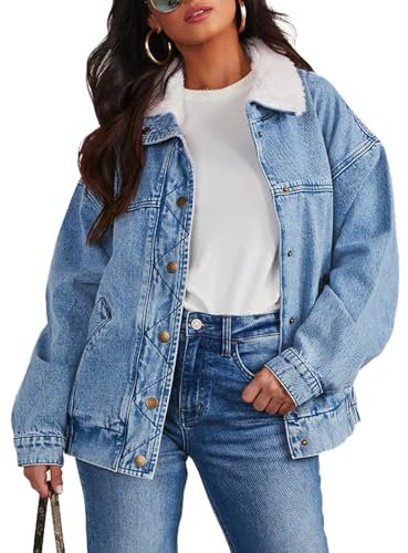 Sukany Women's Casual Button Up Denim Jacket Winter Warm Faux Fur Lapel Long Sleeve Jean Jacket Coat Blue M