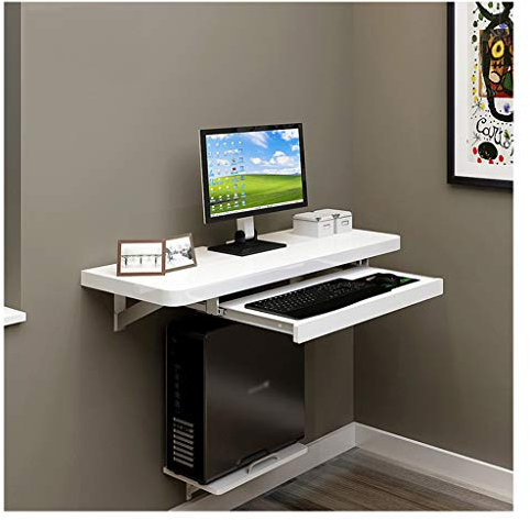 White Floating Wall-Mounted Computer Desk with Pull-Out Keyboard Tray - Adjustable Hanging Rail, Concealed Cable Hole - Ideal for Bedroom or Balcony - Paint Desktop Desk