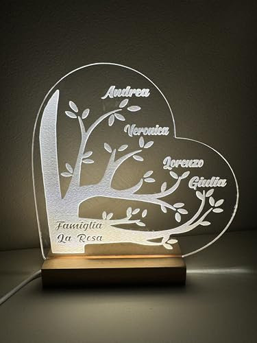 Generico Lampada personalizzata, Nome personalizzato - Albero della famiglia - Lampada led, Base in legno, Natale, Anniversario, Famiglia