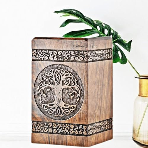 Handgeschnitzte Holzurne aus Palisander – Extra große Gedenkbox für menschliche Asche & Haustiere – Biologisch abbaubar, Lebensbaum-Design, 19,1 x 19,1 x 35,6 cm