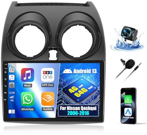 OiLiehu 4+64G Android 13 2 DIN Carplay Android Auto para Nissan Qashqai 2006-2016 Pantalla Radio Coche 9 Pulgadas con Mirror Link Bluetooth FM RDS GPS WiFi SWC EQ Camara Marcha Atras