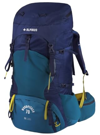 Alpinus Woodpecker Trekkingrucksack 70L Marineblau und Grün - Wanderrucksack mit Regenhülle für Damen & Herren, Outdoor Rucksack mit Leichtem Aluminiumrahmen für Trekking Camping Wandern