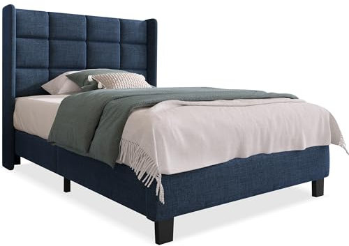 SogesPower Modernes Polsterbett 90x200 cm mit gepolstertem Kopfteil Blau wählbar, Massivholzrahmen & Anti-Rutsch-Lattenrost (Ohne Matratze)