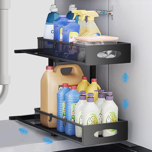 Zaxiva 1 Pieza Organizador Bajo Fregadero de Metal, 2 Niveles Estanteria Bajo Fregadero Extraible, Estante de Almacenamiento Bajo Fregadero con Altura Ajustable para Cocina, Baño, Negro