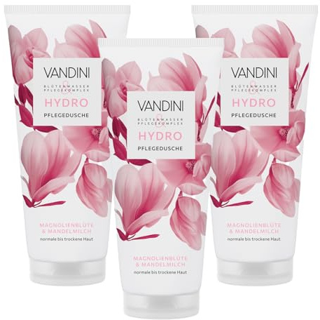 VANDINI HYDRO Pflegedusche Damen 3x200 ml mit Magnolienblüte & Mandelmilch | Duschgel für normale bis trockene Haut - vegan, ohne Parabene & Silikone, dermatologisch bestätigt, Made in Germany