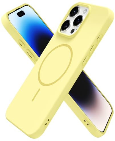 oakxco for iPhone 14 Pro Case Silicone Mag Safe, Magnetic Slim Thin Phone Case Compatible with Magsafe Wireless Charging, Cute Girly Aesthetic Soft Rubber Gel Safecase for Women Girls, Yellow