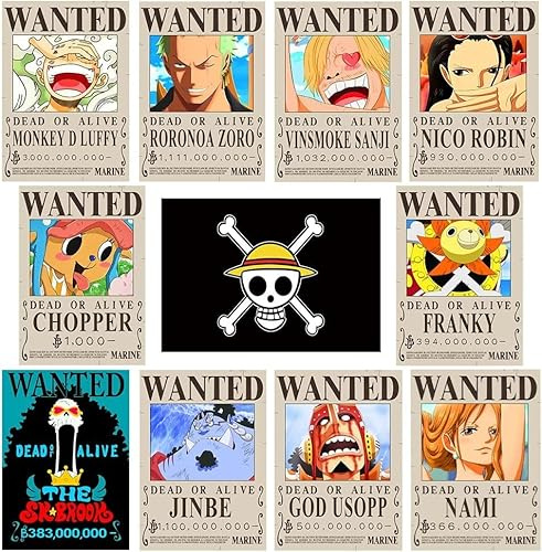 CBKSUHBADE 15in×11in Anime One Piece Wanted Bounty Posters, New Edition, 10 Straw Hat Pirates Crew Zoro, Sanji, Luffy, a Set of 11PCS
