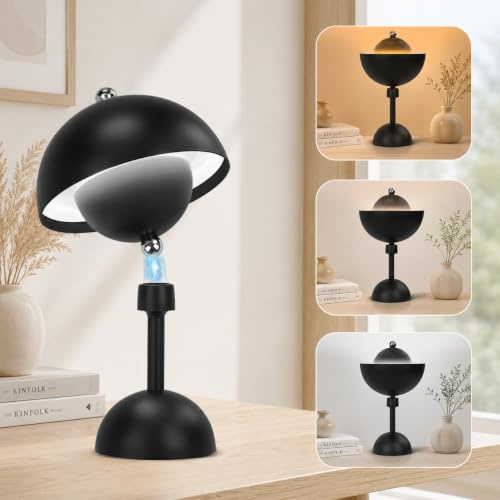 Rosnek Tischlampe Kabellose LED, 360° Magnet Schwenk Kabellose Pilz Lampe, 5000 mAh Dimmbare Akku, 3 FarbUnbegrenztes Dimmen Nachttischlampe, Outdoor/Indoor Tischlampe Akku, Schwarz