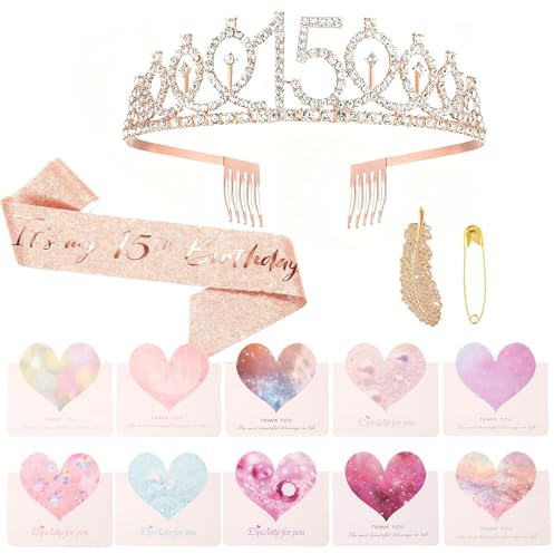 15. Geburtstag Mädchen Deko, Rose Gold Party Deko 15. Geburtstag Krone und Schärpe alles Gute zum 15. Geburtstagsgeschenk, Partyzubehör(inkl. 10 Grußkarten und 1 goldener Feder-Haarspange)