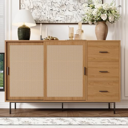 BTM Sideboard avec 2 Portes Coulissantes & 3 Tiroirs, Étagères Réglables, Style Maison De Campagne, Adapté pour Salon & Salle À Manger, Dimensions: 140/H91/T37cm