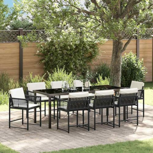 Runheo Garten Essgruppe 9-teilig Schwarz Poly-Rattan, wetterfestes Outdoor Esszimmer Set mit Glasplatte, robuste Terrassenmöbel für 8 Personen, langlebige Lounge-Sitzgruppe