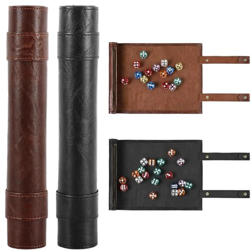 Gykutix 2 Stücke Würfelmatte im Schriftrollen Stil Würfelunterlage Würfelbrett Leder Würfelschale zum Rollen Würfeltablett Würfeltasche mit Reißverschluss Würfelteller für DND RPG (Schwarz, Camel)