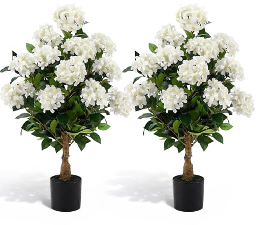 Lunmon 2 Pack 3ft Artificial Hydrangea Tree Faux Hydrangea Plants Indoor Outdoor Fake Flower Trees with Cement Base Pot Real Touch Plant Decoration for Home Garden Office Housewarming Wedding(White)