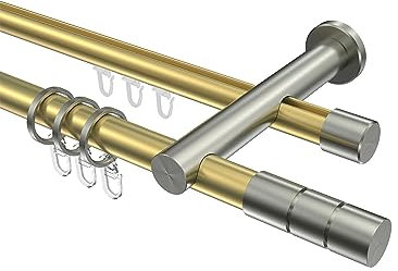 Interdeco Messing-Optik/Edelstahl-Optik Rundrohr/Innenlauf Gardinenstange 20 mm Ø doppelläufig Platon Elanto, 140 cm
