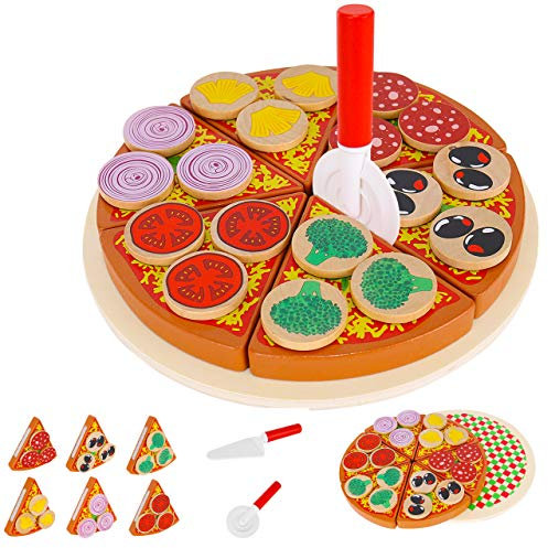 KRUZZEL Wooden Pizza Toy for Kids Food Set 27 pcs Slices Cutting Play Simulation Child Kitchen 9354
