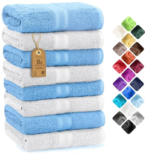 NatureMark 8er Pack Handtücher, 100% Baumwolle, 50 x 100 cm, Handtuch Set Weiss/Hellblau
