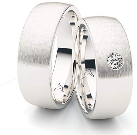 Massive Silber Eheringe 7 mm Rhodiniert mit großem Zirkonia 3 mm Stein Trauringe Partnerringe Freundschaftsringe 100% Made in Germany - Inkl. Gratis Gravur und Etui (Längsmattiert)