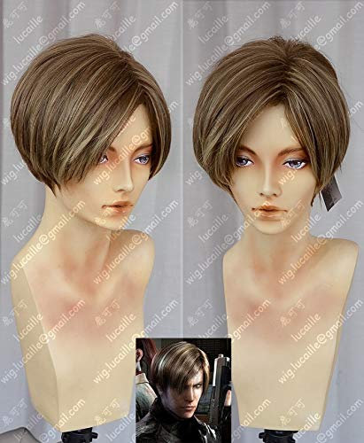 Movie Biohazard Leon Scott Kennedy Short Brown Color Highlights Styled Heat Resistant Hair Cosplay Costume Wig + Free Wig Cap