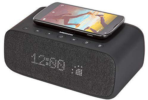 MEDION P66107 Radiowecker mit USB-Ladegerät (Uhrenradio, Weckstation, Bluetooth, kabelloses wireless Laden, LED-Display dimmbar, UKW Radio, Micro-SD Kartenleser, Schlummerfunktion, Einschlafautomatik)