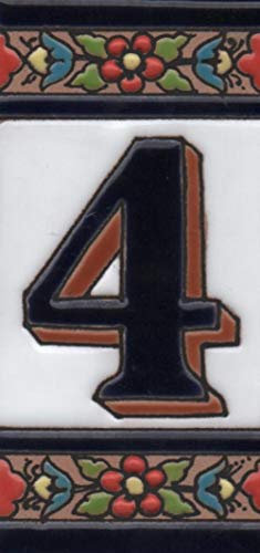 Hausnummern aus Keramik mit Zahlen und Buchstaben, rot, blau und grün, Blumenmotiv, Größe: 11 cm x 5,5 cm (Nummer 4)