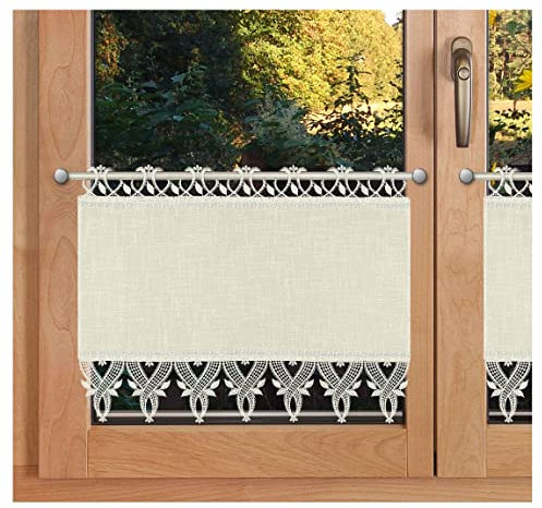 Scheibenhänger Landhausstil Ronja sekt hochwertige Vogtländische Spitze | Scheibengardine mit Käseleinen-Struktur ecru und Spitzenbesatz | feine, zeitlose Blatt- und Ornament-Stickerei HxB 40 x 70