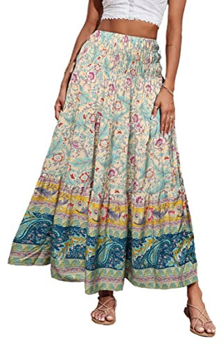 CFLONGE Sommer-Maxi-Röcke für Damen, 2025, modisch, Boho, langer Rock, trendig, Blumenmuster, hohe Taille, A-Linie, Strandrock, Urlaubs-Outfit, aprikose, X-Groß